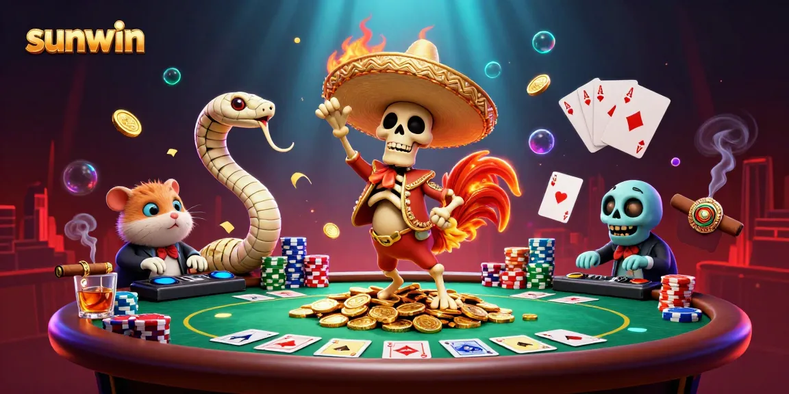 Win big with sunwin at this vibrant online casino illustration featuring dynamic characters and gaming elements.
