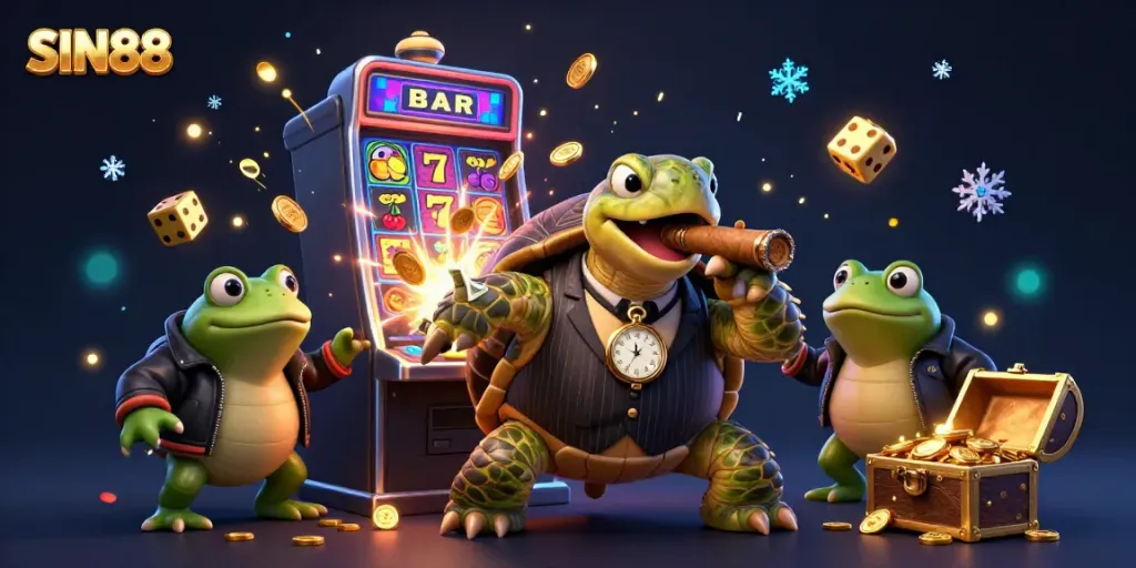 SIN88 captures excitement with a massive cartoon turtle in a bold casino scene amid colorful game elements.