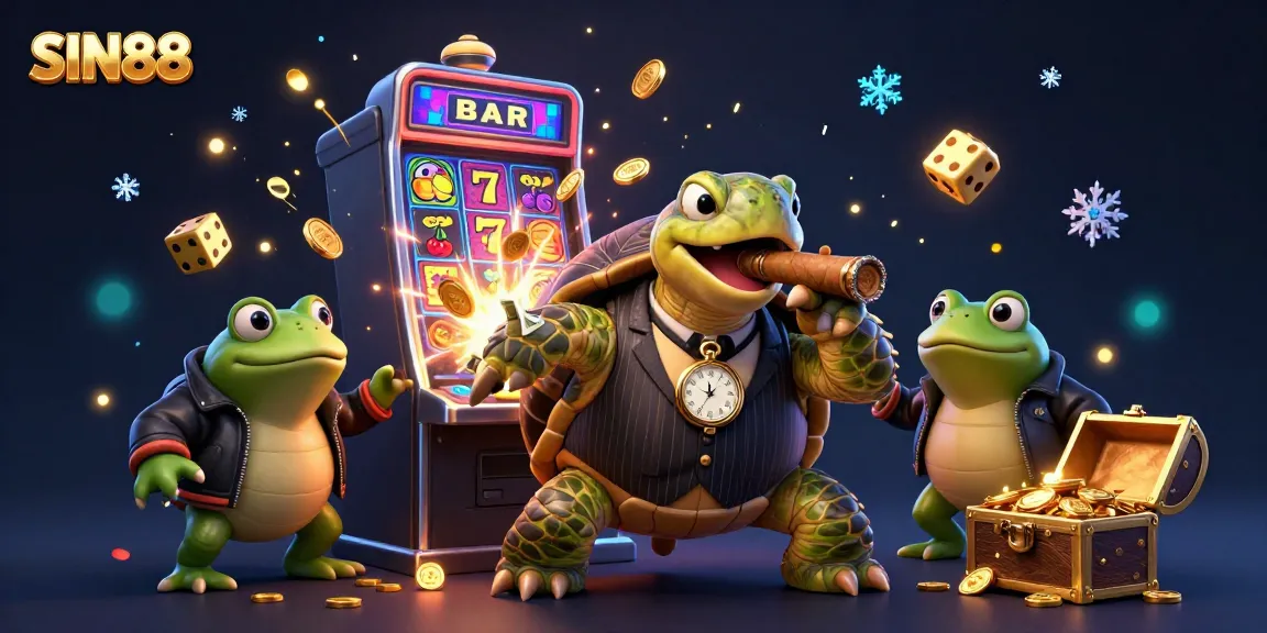 SIN88 captures excitement with a massive cartoon turtle in a bold casino scene amid colorful game elements.