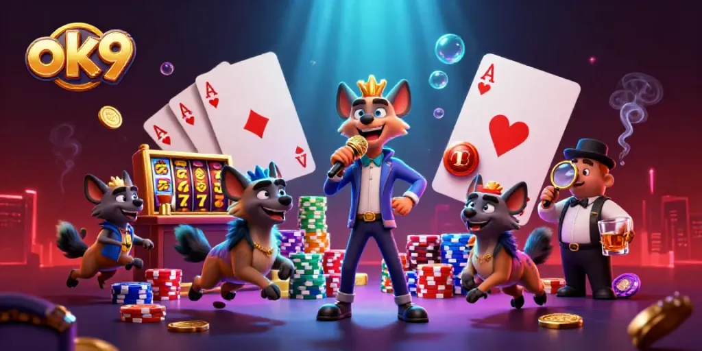 Engage in exciting gaming adventures at ok9 with lively hyenas in a dynamic casino scene.