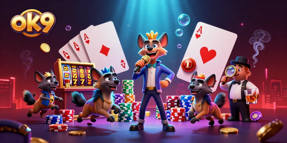 Engage in exciting gaming adventures at ok9 with lively hyenas in a dynamic casino scene.