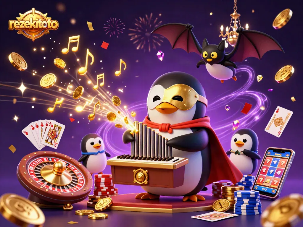 Experience thrilling gaming with rezekitoto as a penguin plays a golden organ while coins and cards cascade in a vibrant casino scene.