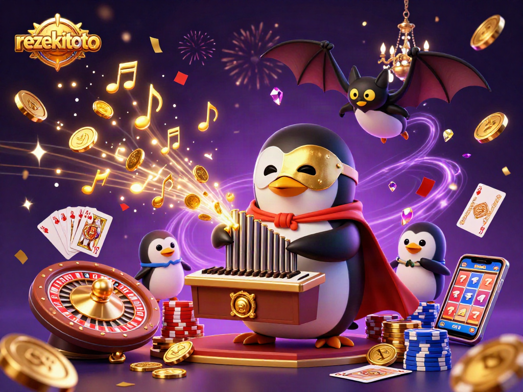 Experience thrilling gaming with rezekitoto as a penguin plays a golden organ while coins and cards cascade in a vibrant casino scene.
